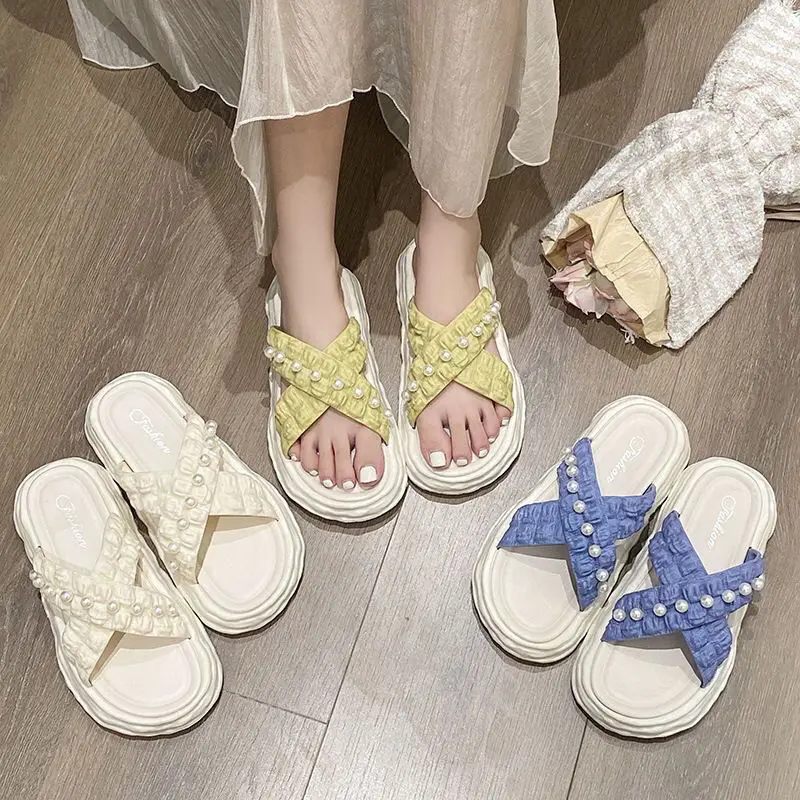 

Slides Low Heel Sandals Rhenstone Summer Off White Woman Slippers Jewels Crystals Shoes for Women 2023 Platform Height on Beach
