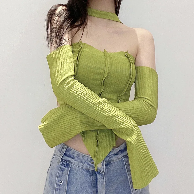 

Women Off Shoulder Crop Top Slim Sexy Tee Rib Knitting Streetwear Strapless Tank Top Party Gothic Long Sleeve T-shirts