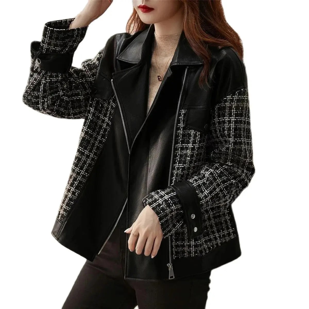 

2023 New Spring Autumn Motorcycle Zipper Split Leather Coats Women's Clothing Winter Jacket Girls Outerwear BC517