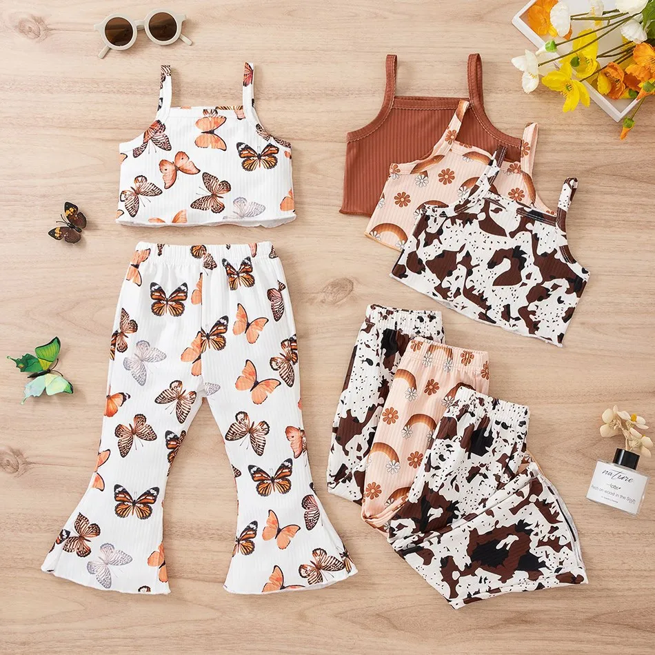 

Kid Summer Set Toddler Girls Cute Outfit Children Butterfly Print Sleeveless Sling Tank Tops And Elastic Waist Flare Long Pants