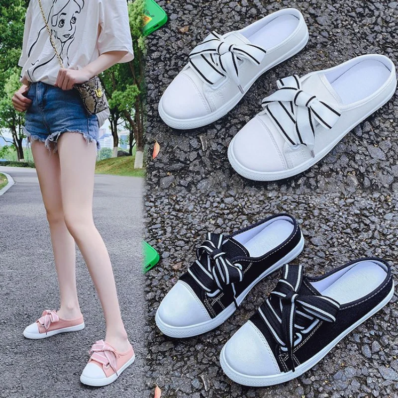 

Summer New Canvas Women's Flat Shoes; Fashion Bow Shallow Mouth Set Feet Half Slippers Women's Lazy White Women Shoes