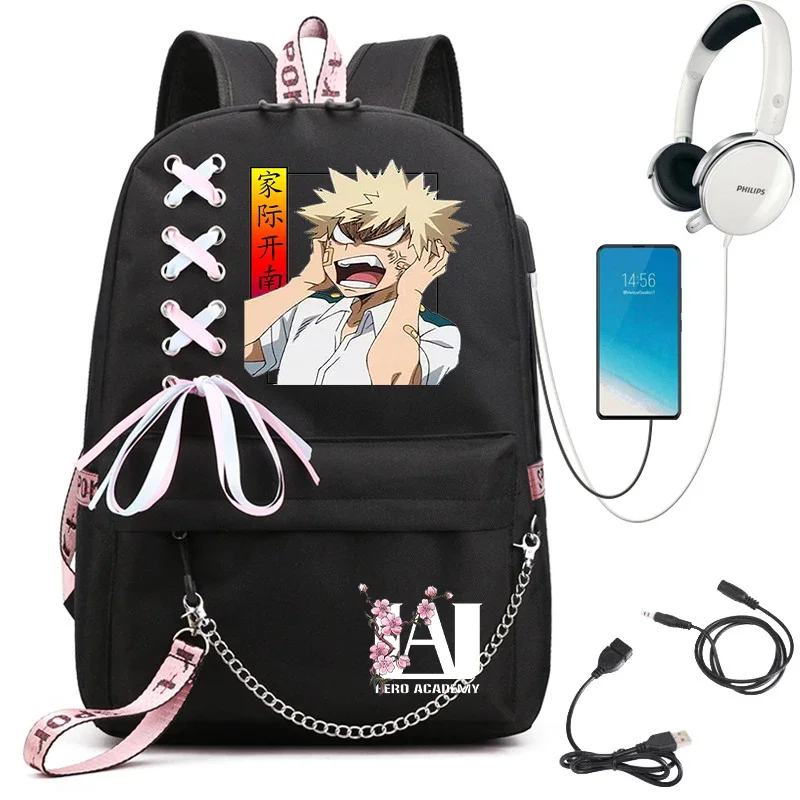My Hero Academia Anime Plecak damski Port Usb Damski plecak podróżny Torba na ramię Katsuki Bakugo Trend laptopa