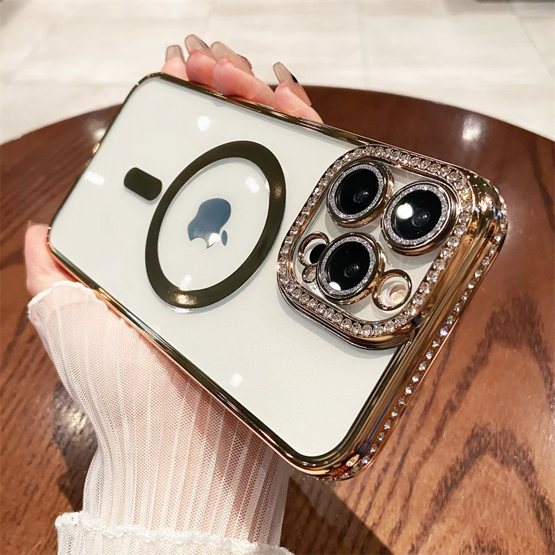 

Luxury Plating Diamond Glitter Lens Magnetic For Magsafe Clear Case For iPhone 14 13 12 11 Pro Plus Max Wireless Charging Funda