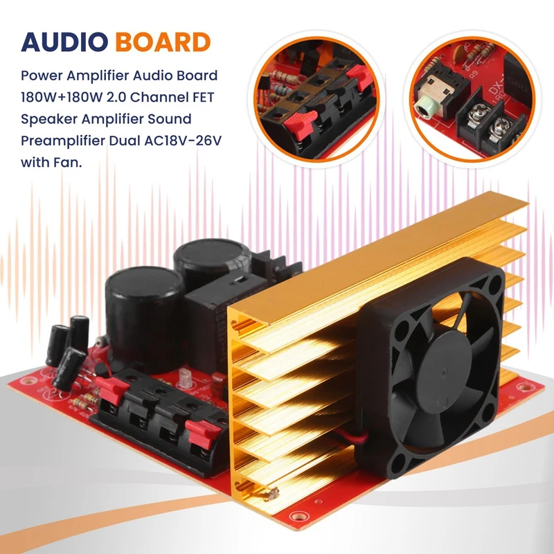 Power Amplifier Audio Board 180W+180W 2.0 Channel FET Speaker Sound Preamplifier Dual AC18V-26V With Fan