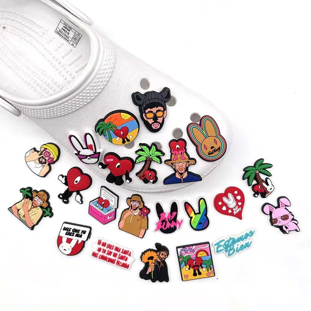 Hot sell 22pcs/set Clown Garden Shoes Accessories PVC Bad Bunny Shoe Decorations Fit Kids Croc Jibz Charm X-mas Gift