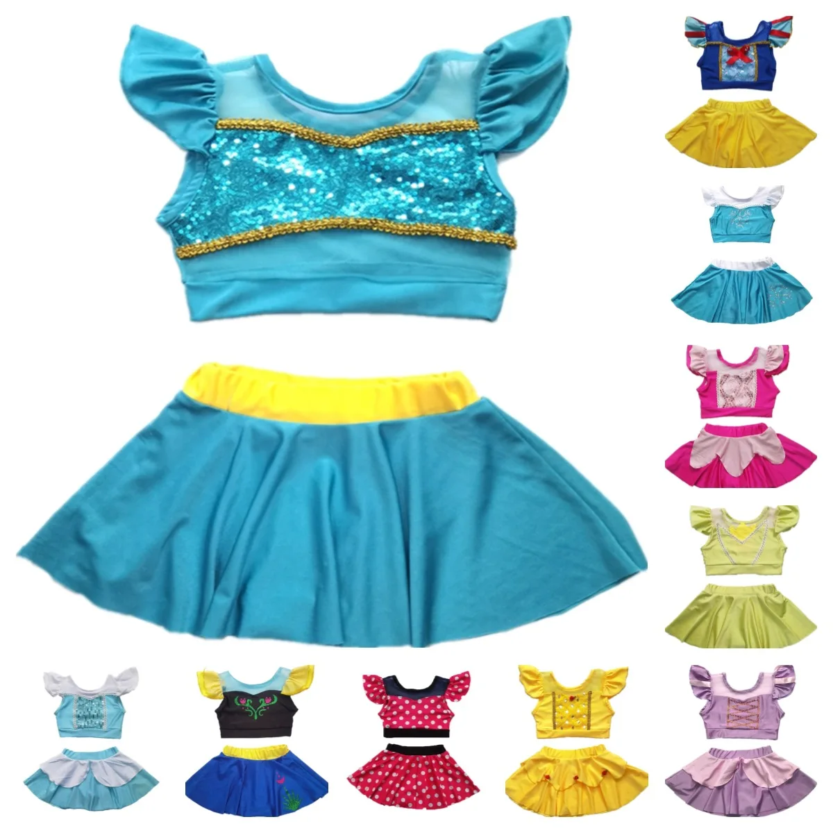 

Летний купальник из жасмина и Рапунцель, комплекты из топа и юбки для маленьких девочек, купальники Золушки, детская пляжная одежда для отды...