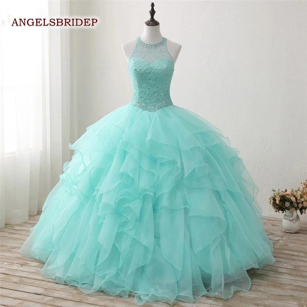 

Sexy High Neck Mint Quinceanera Dresses Ball Gown Crystal Sweet 16 Dress For 15 Years Masquerade Formal Junior Party Gowns