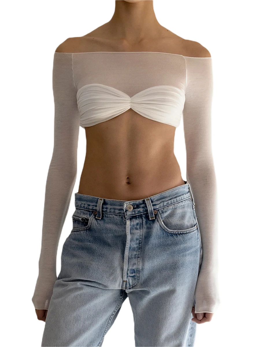 

Off Shoulder Shirt for Women Long Streetwear Tee Cut Blouse Slim Low Top Sleeve Fit Solid Tops Color
