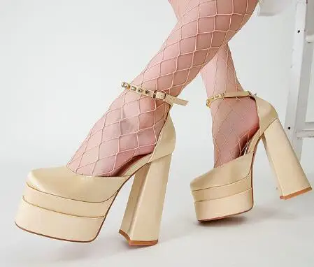

Aevitas Satin heels crystal-cut buckle ankle strap Luxury Brand High Heel Square toe Covered platform midsole block heel shoes