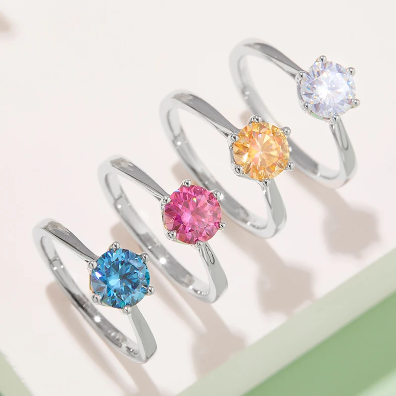

GEM'S BALLET 1.0CTW DEW 6.5mm Round Pink Blue Yellow Petite 6-Prong Moissanite Solitaire Engagement Ring in 925 Sterling Silver