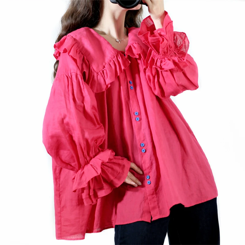 Spring Autumn Women Mori Kei Girls Vintage Lantern Sleeves Ruffled Rose Red Loose Cozy Breathable Natural Linen Shirts/Blouses
