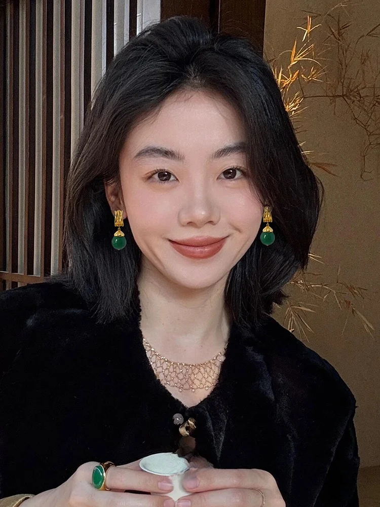 New Chinese Sle Natural Green Chalcedony Earrings National Design High-Grade Women 2024
