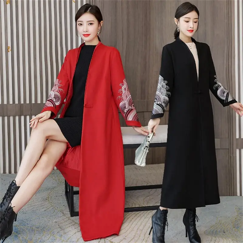 2022 Winter Ethnic Style Retro Embroidered Woolen Coat Women Chinese Tang Suit Hanfu Jacket V-Neck Trendy Long Windbreaker T546