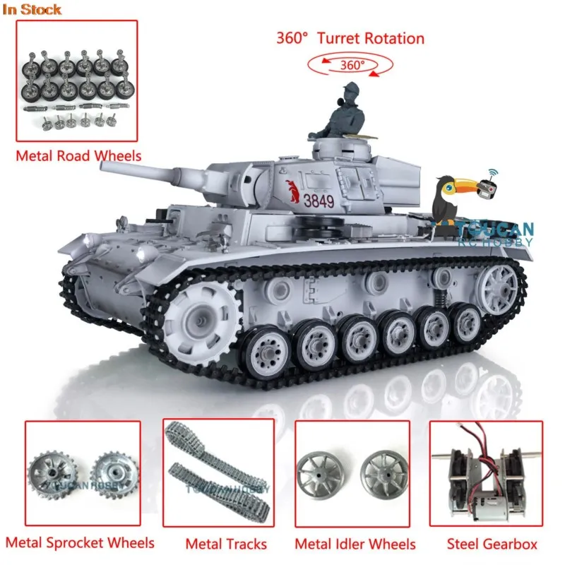 Фото В наличии: Радиоуправляемый танк Heng Long 1/16 Snow 7.0 Customized Panzer III H RTR (модель 3849) с металлическими колесами, гусеницами, редуктором, направляющими роликами и функцией инфракрасной стрельбы BB-шариками. №3