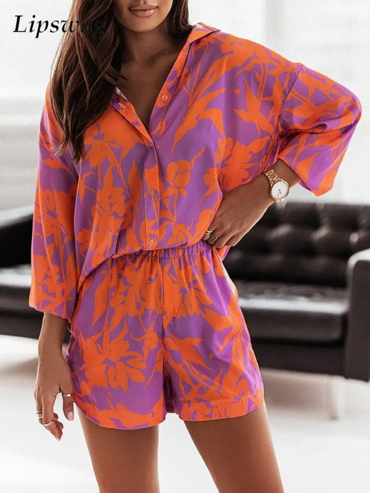 

Summer Short Sleeve Shirt Top and Loose Mini Shorts Two Pieces Suit Casual Tracksuit Women Lounge Wear Shorts Set Ladies Outfits