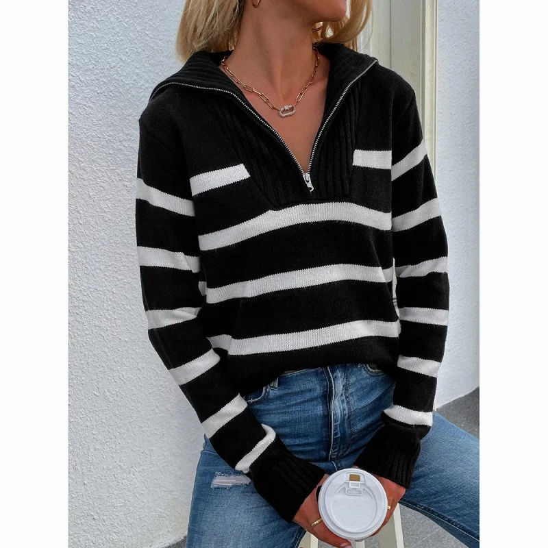 

Winter Knitting Cross-Border Women's Clothing Turtleneck Zipper Striped Sweater Long Sleeve European and American Sweater