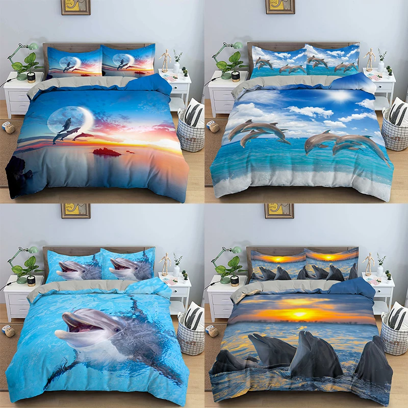 

Juego de cama con estampado de delfín en 3D, edredón y funda de almohada, tamaño King Size, EU/US/AU/UK, 2/3 piezas