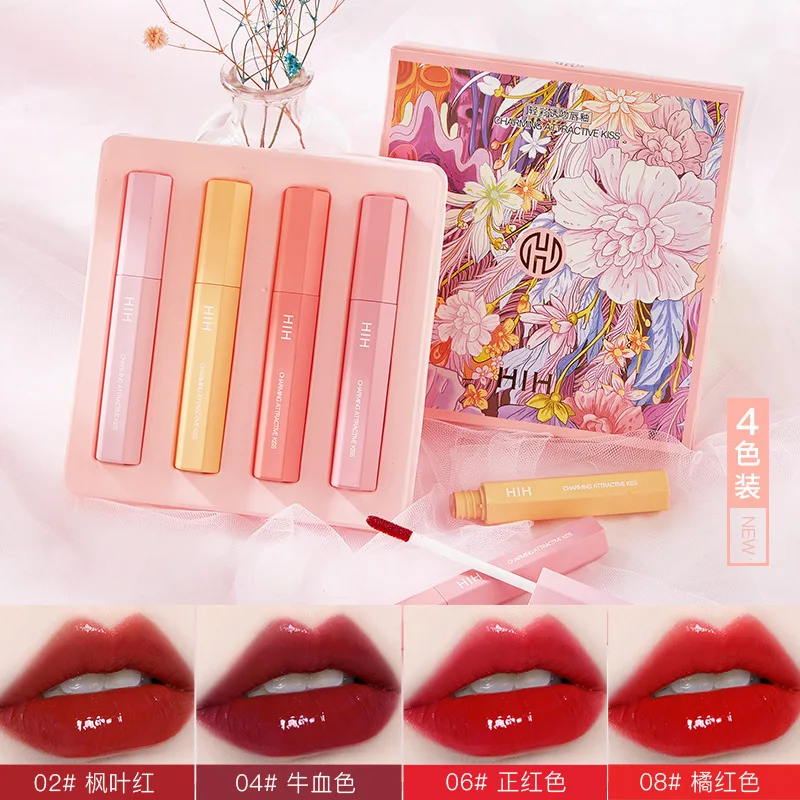 1 Box of 4 Sticks Macaron Light Color Lure Kiss Water Glossy Lip Glaze Moisturizing Water Feeling Nourishing Easy To Color