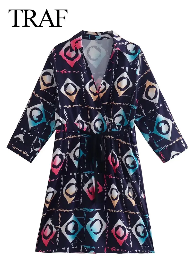 

TRAF Fashion New Temperament Women's Dress Print Lapel V-neck Pullover Drawstring Bow Slim Fit Commuter Elegant Ladies Dress