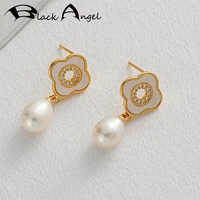 black angel natural freshwater pearl stud earrings for women 2022 trendy gold plated lucky four clover cz fine jewelry gifts