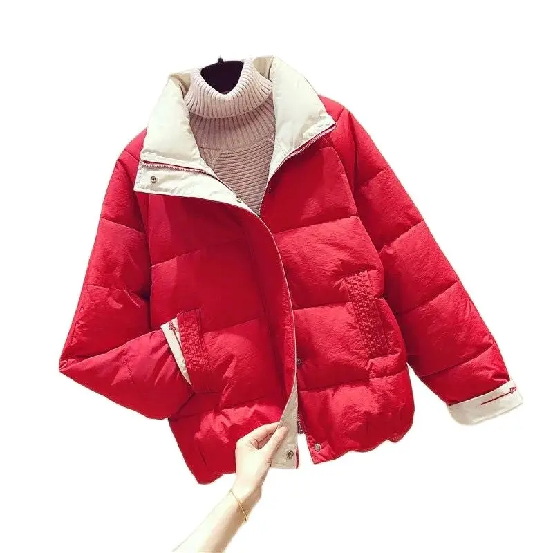 

Down Cotton Clothes Women's New Korean Version Loose Stand Collar Coat Add Thick Bread Clothes Contrasting Colors Padded Jacket