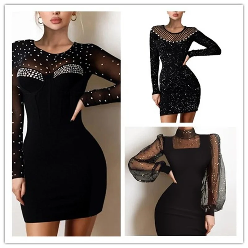 

New Woman Plus Size Patchwork Black Casual Dress Long Mesh Sleeves Ladies Mini Bodycon Party Dresses Vestidos Robe X78