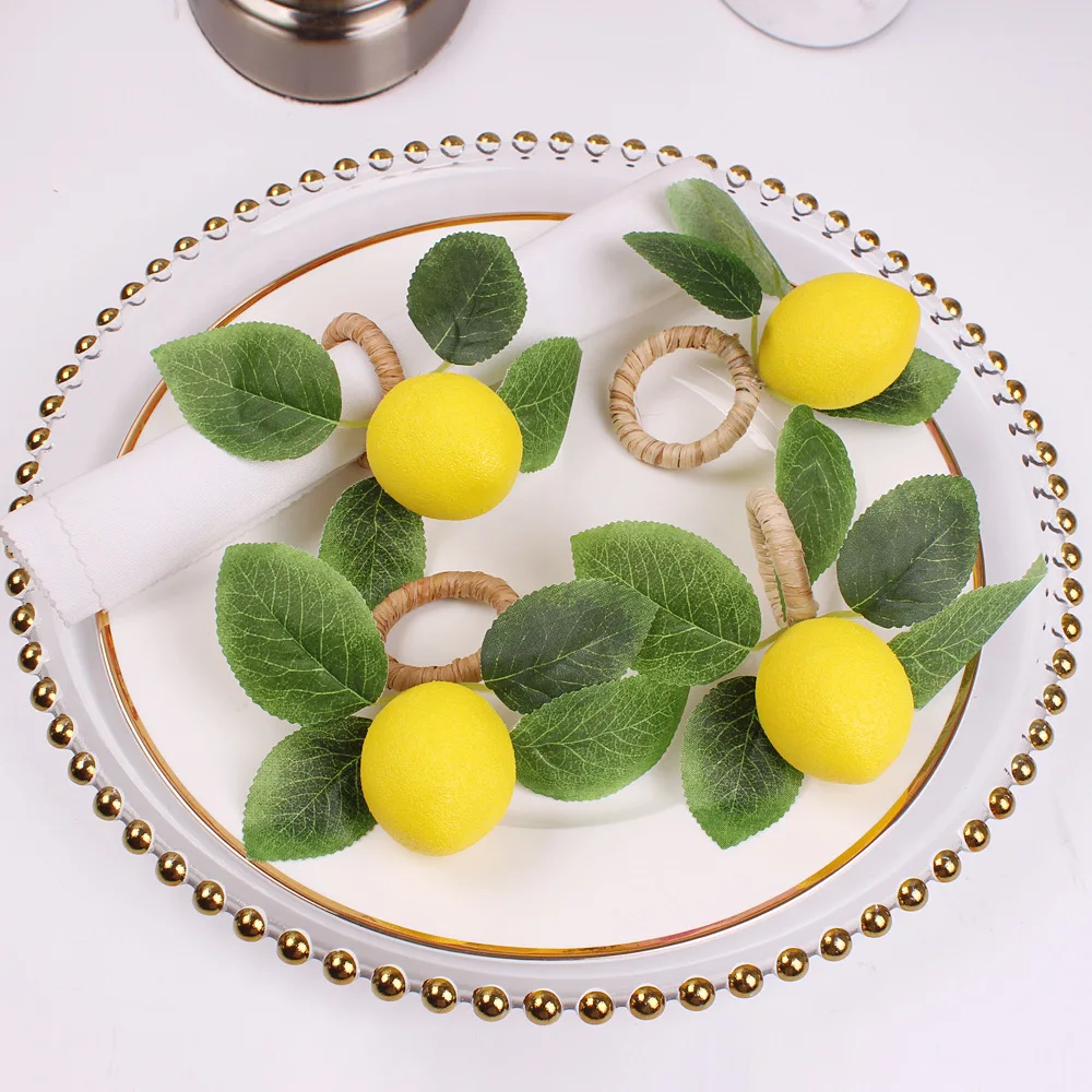 6pcs/set Dinning Table Napkin Rings Orange Lemon Buckle Napkin Holders Set of 6 Party Decorative Artificial Fruit Vine Leaf Ring