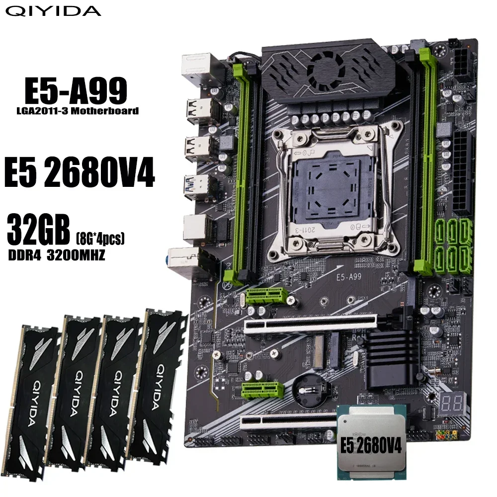 Комплект материнской платы QIYIDA X99 xeon LGA2011-3 E5 2680 V4 4*8 ГБ = 32 3200 МГц 4 канала DDR4 SATA 3 0 nvme