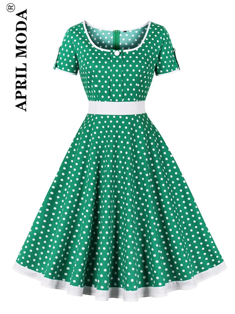 

Elegant Vintage Casual Summer Flare Midi Dress Short Sleeve Polka Dot Print A Line Prom Robe Retro Swing Party Birthday Dresses