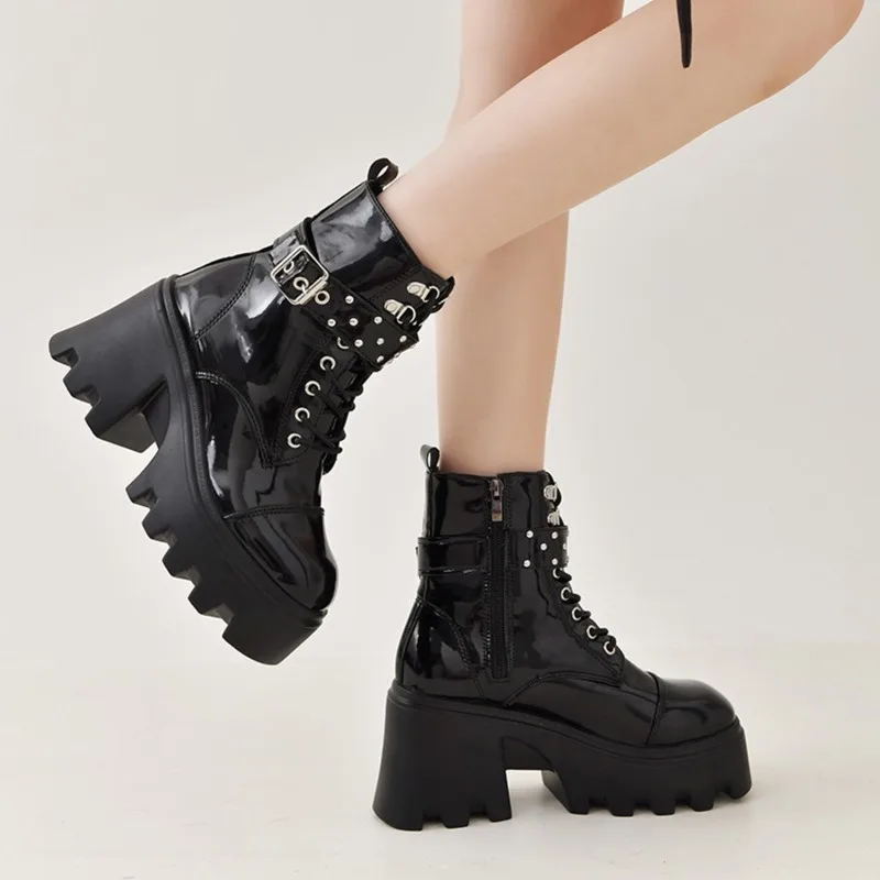 Winter Women Ankle Boots Black Leather 2022 Fashion Autumn Warm Fur Motorcycle Non-slip Waterproof Female Platform Boots Shoes