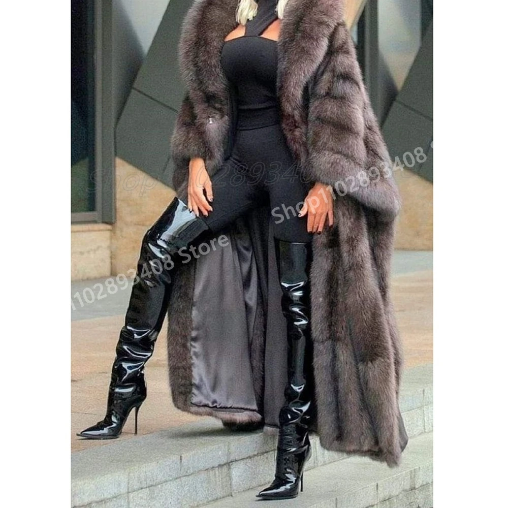 Черные блестящие кожаные сапоги выше колена вечерние пикантные модные женские