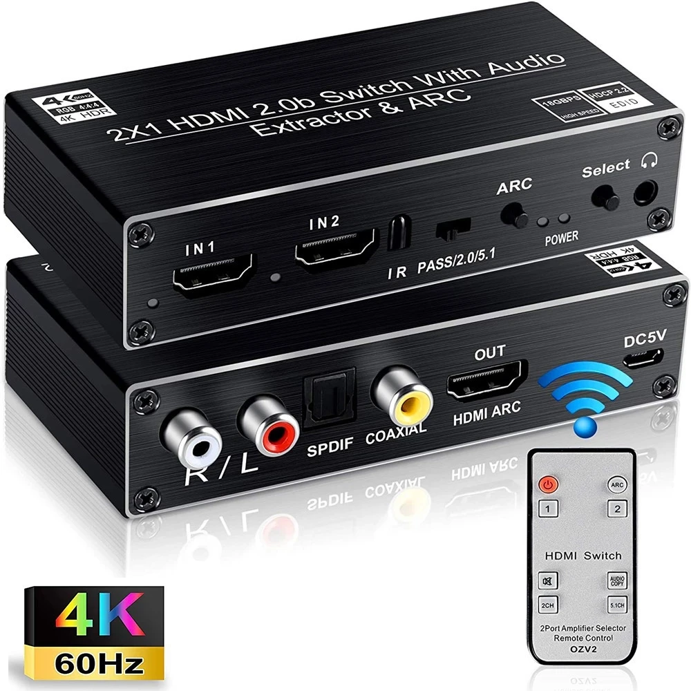 2 порта HDMI 0 аудио экстрактор для PS5 4K 60 Гц 5.1Ch HDMI2.0b ARC переключатель с toslink stereo HDCP 2.2