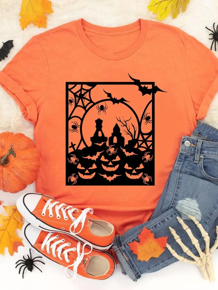

Fashion Fall Halloween Pumpkin Funny Style Autumn Casual T-shirts Clothes Women Female T Clothing Ladies Print Graphic Tee
