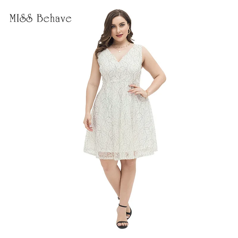 

Silk color white lace dress fat girl V-neck loose casual female skirt
