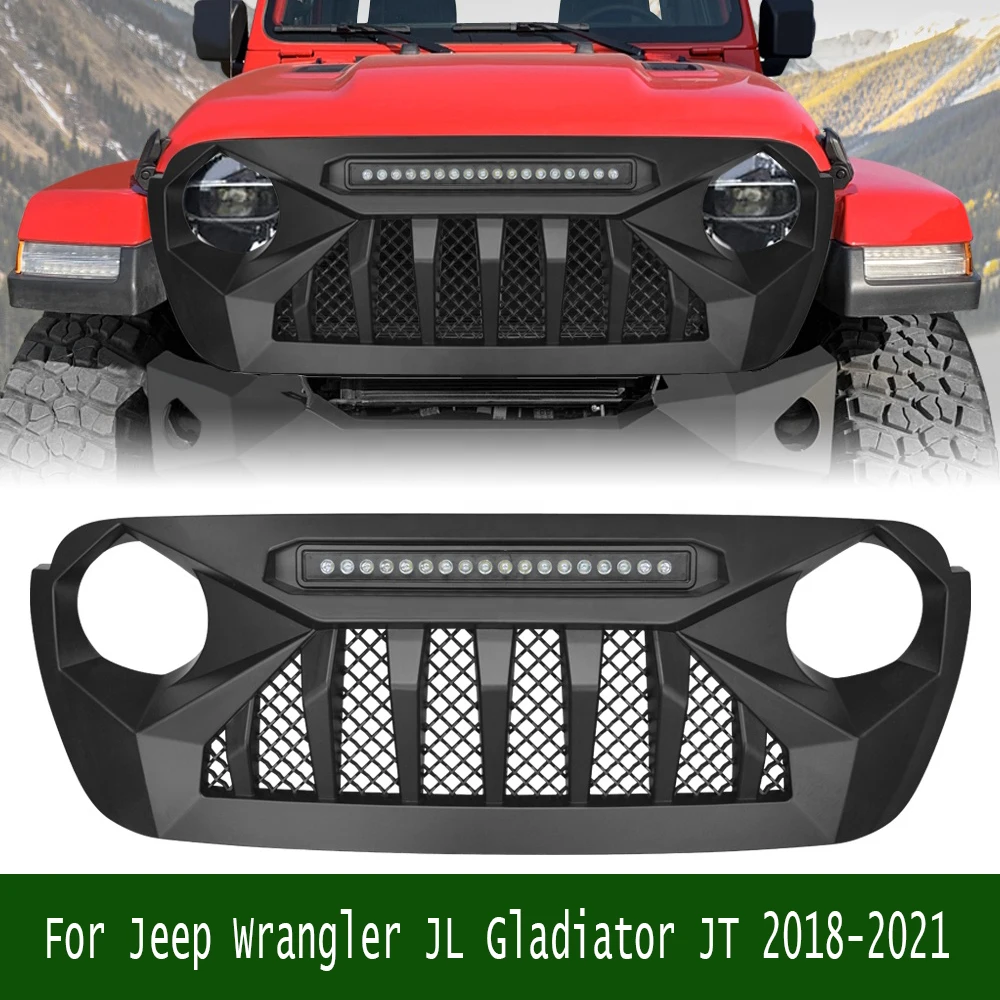 

For Jeep Wrangler JL Gladiator JT 2018-2021 Accessories Front Upper Grille Mesh Cover Bumper Grills Grill With LED Light Bar