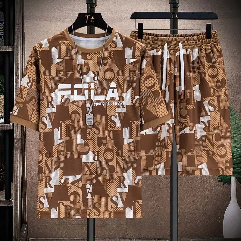 Men's Summer Ice Silk Short Sleeve Shorts Casual Suit Fashion Handsome Suit Thin Style Printed Loose Two-Piece Set