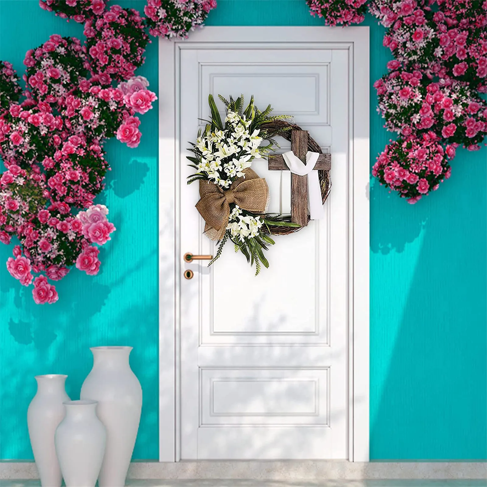 

Easter Simulation Cross Wreath Plant Flower Decoration Door Pendant Rattan Ring Front Door Wreath Spring Decoration With Burlap