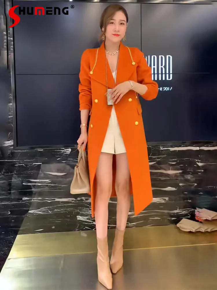

Women Winter Clothing 2022 Elegant Orange High-End Double-Sided Cashmere Mid-length Coat Women's Fashion All-Match Woolen Coat