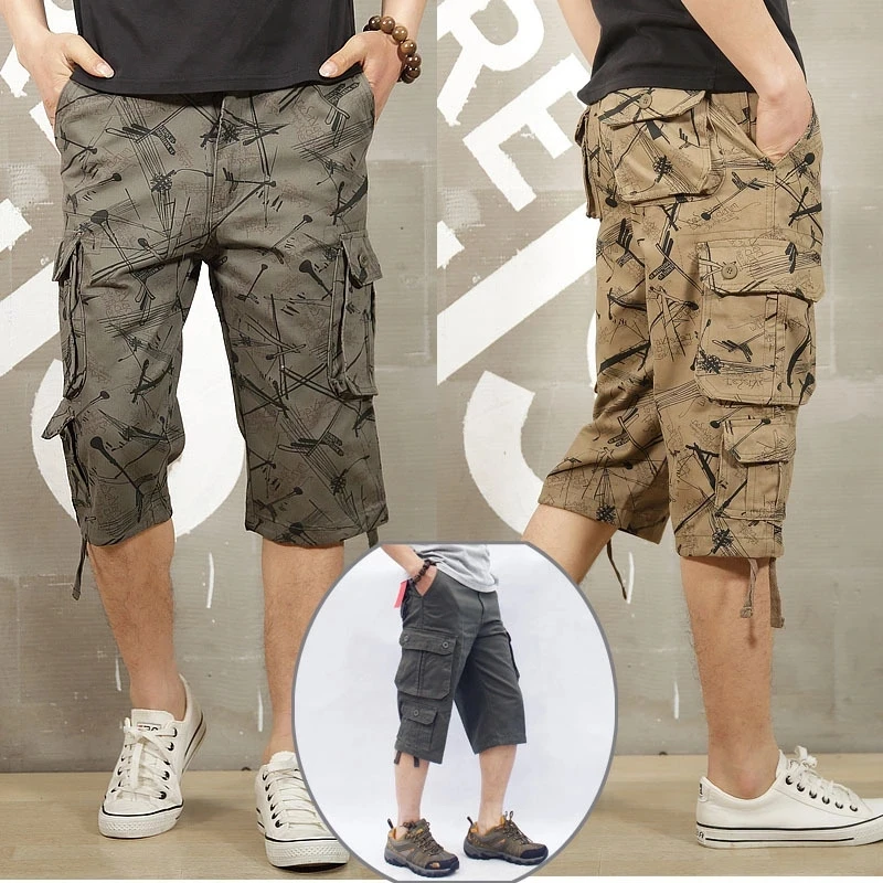 

Camouflage Long Length Cargo Shorts Men Summer Casual Cotton Hot Breeches Baggy Multi Pocket Military Capri Pants Tactical Short