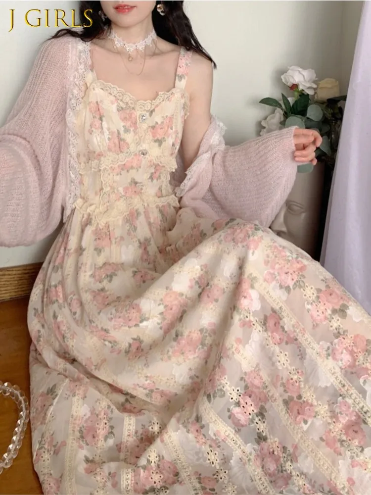 

J GIRLS 2022 Korean Chic Summer Women Beach Sundress Suspenders Floral Embroidery Holiday Dress Vintage Elegant Boho Midi Dress