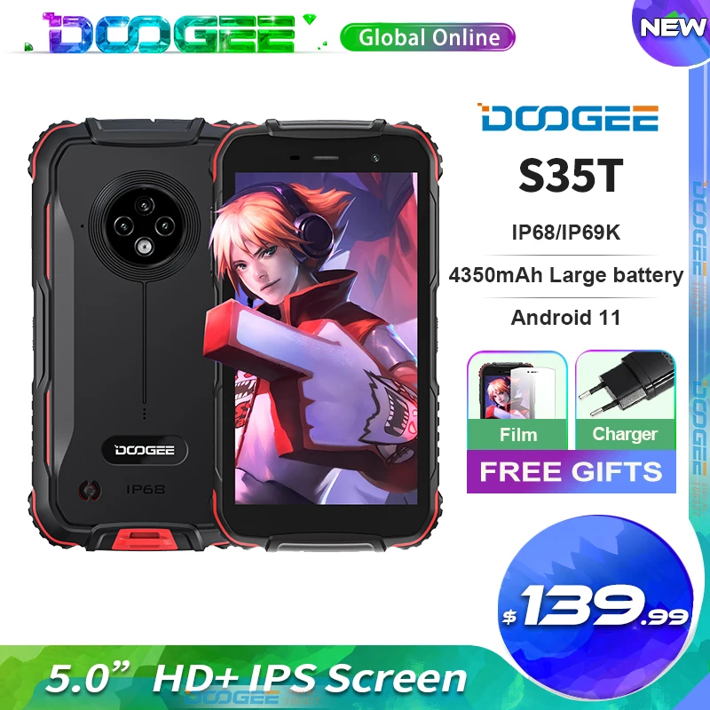 DOOGEE S35T Smartphone 4350mAH Large Battery Android 11 3GB+64GB AI Triple Rear Camera IP68/IP69 Waterproof 4G FDD Cellphone