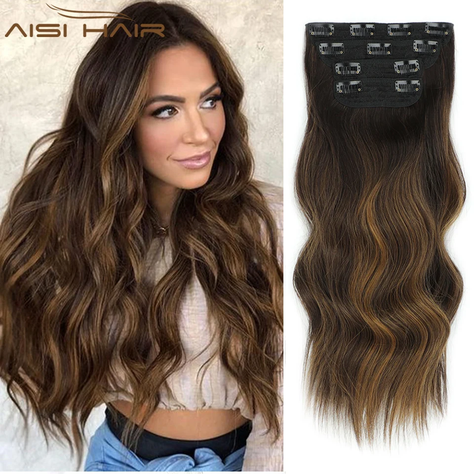AISI HAIR синтетические 4 шт./компл. наращивание натуральных волос на заколках для наращивания волос 20 дюймов длинные волнистые шиньоны толстые ...