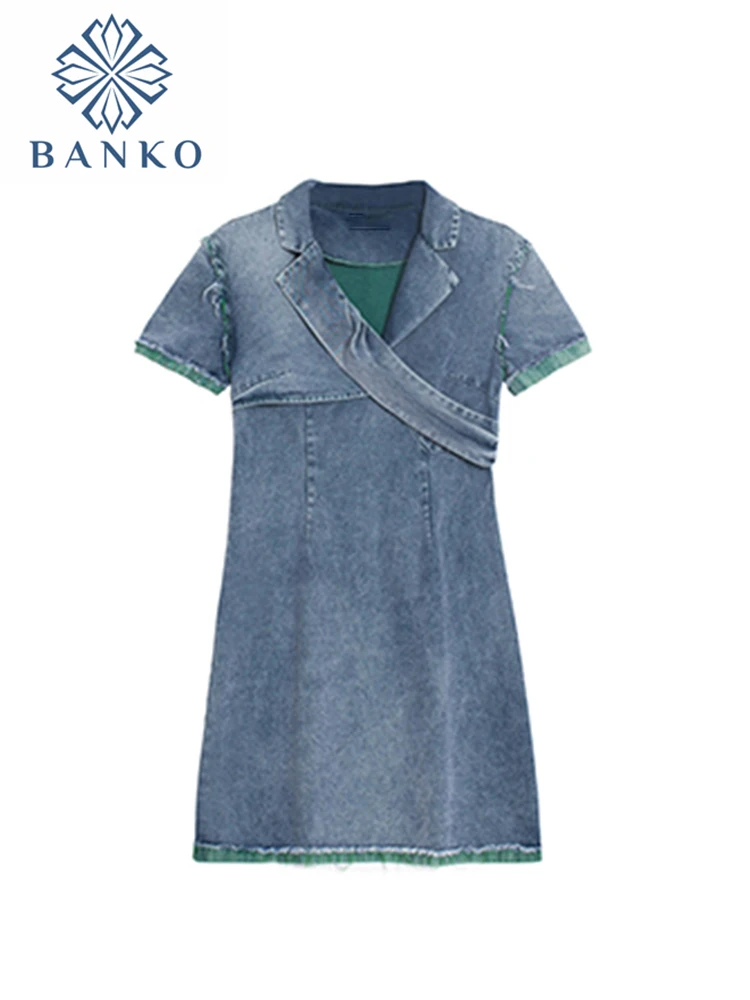 

Summer Mini Dress Short Sleeve Women Denim Vestidos Casual Fashion Turn-down Collar Streetwear Burr Asymmetry Mujer Dresses 2022