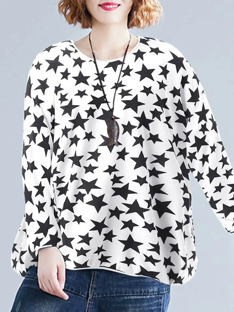 

Осень 2022, пуловер с длинным рукавом, Свитшот ZANZEA, женский топ с принтом звезд, туника, Повседневная объемная рубашка, женская блуза 1
