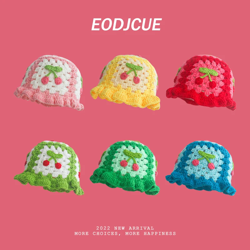 

Red Cherry Beanies Hat Korean Ins Retro Knitted Woolen Caps Fashion Knitted Fisherman Caps Autumn and Winter Warm Women's Hats
