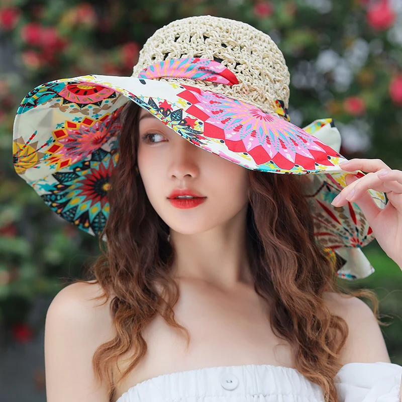 

Women's Summer Wide Brim Bucket Hat Folding Fashion Straw Panama Hats UV Protection Sun Visor Seaside Beach Cap Tide Summer Hats