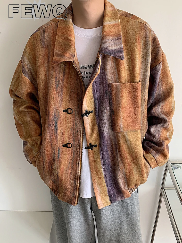 

Куртка FEWQ Мужская шерстяная, повседневная шикарная с металлическими пуговицами и лацканами, постепенный цвет, осень 2022