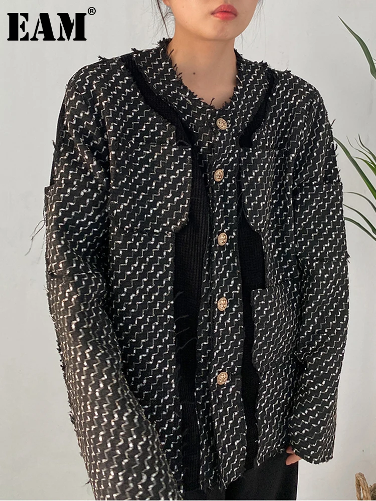 

[EAM] Loose Fit Black Big Size Elegant Tweed Woolen Coat Parkas New Long Sleeve Women Fashion Tide Autumn Winter 2023 1DF1536