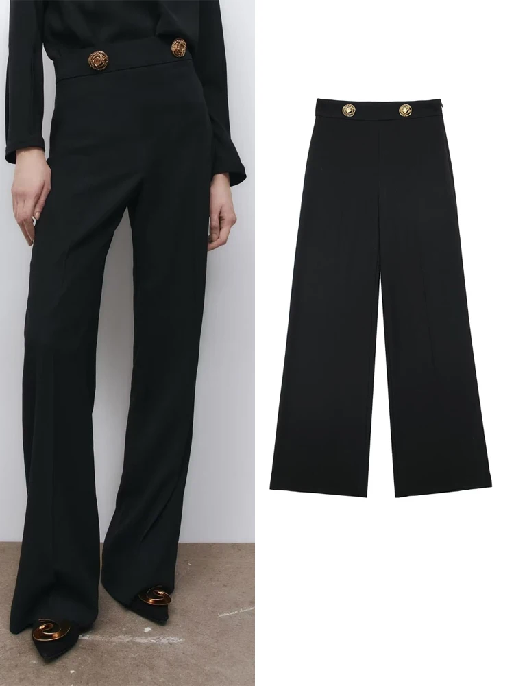 

Women Autumn Solid Wide Leg Pants 2022 Fashion Loose Buttons Side Zipper Female Elegant Street Pant Trousers Clothing
