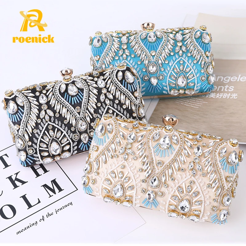 

ROENICK Luxury Diamond Rhinestone Evening Bags Lady Exquisite Pearl Beaded Designer Clutch Wedding Chain Handbags Shouler Purse